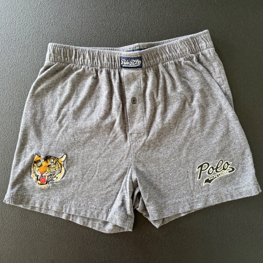 Polo Ralph Lauren Boxer Shorts Men Medium Gray Tiger Patch Logo Sleepwear Rare